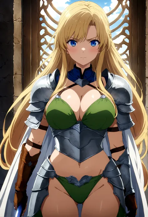 score_9, score_8_up, score_7_up,,BREAK source_anime, from side,front view,standing,straight-on,medium shot,looking_at_viewer,1girl, celes chere, final fantasy.blonde hair, blue eyes, green bikini, armor.large breasts,cleavage, white cape, vambraces,bracer,...