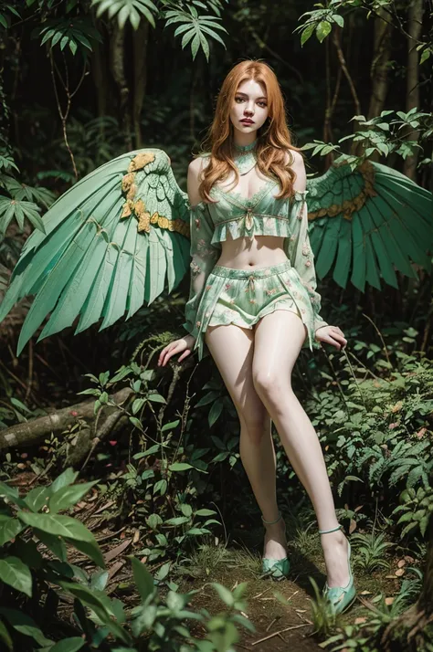 Best Picture Quality, Masterpiece Level, Ultra High Resolution, Realism, Fantasy, fulllength, A Girl, Single, Scatter, wood elf, in forest, midriff, thighs, ginger hair, green eyes, butterfly wings, perfect face, perfect body, wings, perfect breasts, green...