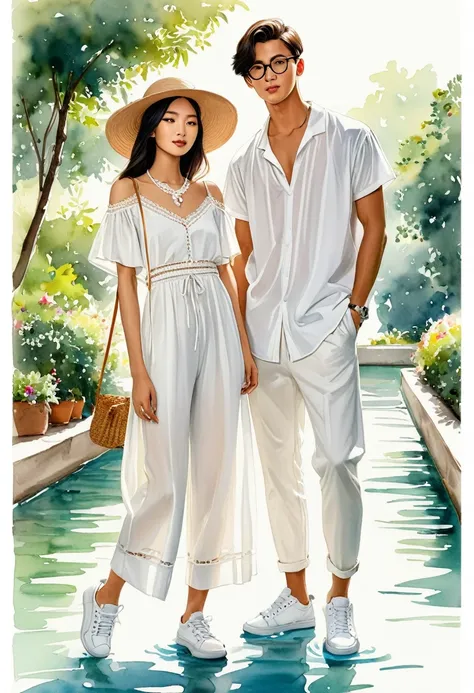 candid fashion illustration of young asian man and woman, both aged 20 year old, ((showcase fashion look book in a white rayon o...