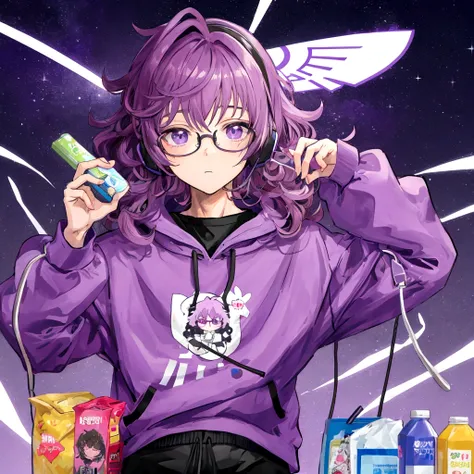 young male, purple sweatshirt, high quality, curly hair, wearing round glasses, anime style, holding a cute juice box, using headset, background galaxy, male