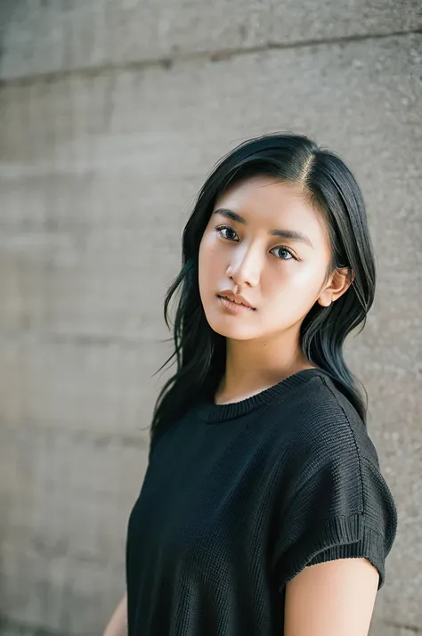 Highest quality, One beautiful woman, 28 years old, s, 35mm lens, debt/1, Cowboy shot, Concrete Background、Tile Background、black waffle knit、light brown、Tile wall,debtrom below、Wavy Hair、Medium Hair