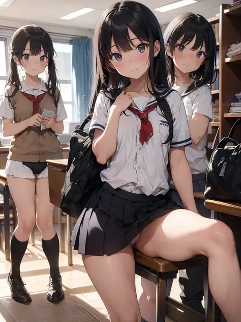 ((Highest quality)), ((masterpiece)), (detailed),Perfect Face,Strong light from the front,With front light,A group of naked junior high school students at school who are not wearing pants or shorts, but are lifting their skirts to expose their lower bodies...