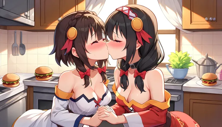 
((2girls:1.3)), ((moe style:1.3)), ((kitchen:1.3)), medium full shot, breasts, holding hands, kissing, yuri, ((hamburger:1.3)), ((black hair:1.3)), megumin (konosuba), yunyun (konosuba), ((shy:1.3)), blush, ((perfect face)), ((extremely cute:1.3)), ((mast...