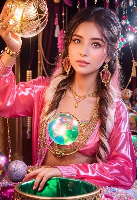 Beautiful gypsy woman tarot card fortune teller、young woman、Looking at me through a shiny crystal ball the size of a basketball、Cute pink outfit、looking at the camera、The background is a fortune-telling parlor