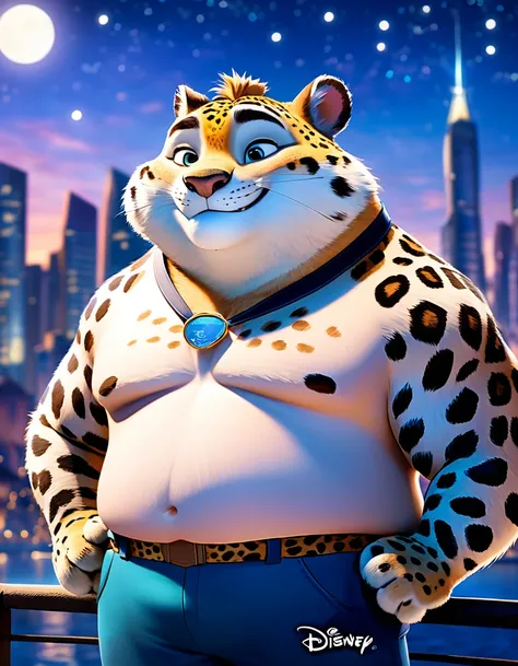 (obese, overweight, anthro, male, (clawhauser character disney zootopia, leopard skin)), blue eyes, (translucent briefs, topless), (detailed eyes, detailed face), standing, smile, Amazing starscape above a beautiful cityscape by the lake