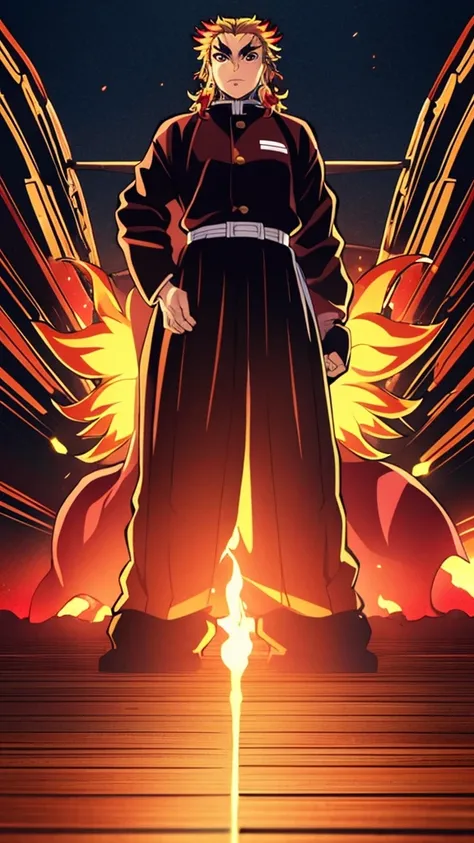 Male, Rengoku clan, wearing pilot goggles and haori with reverse flame design, light stubble on chin, standing at attention, hands in pockets, fully in frame, full body shot, facing viewer, lone figure, sole person, Demon Slayer style