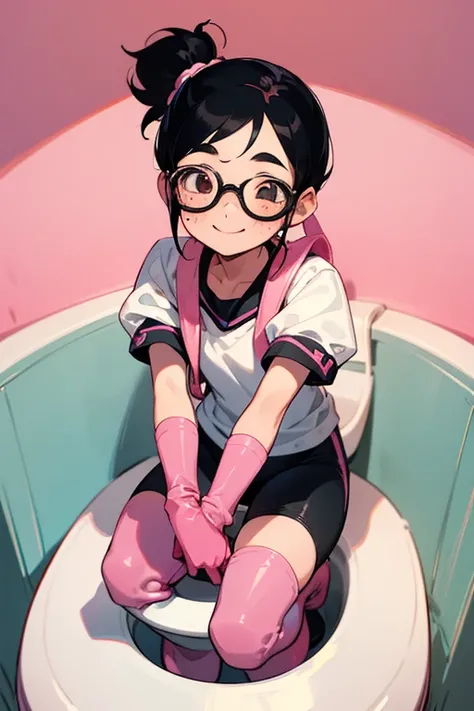 A freckled elementary school student with glasses and narrow eyes, wearing short-sleeved gym clothes, black hair tied up, wearing large pink rubber gloves and white rubber boots, and smiling while cleaning a toilet