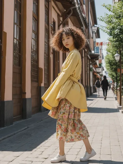 her name is Asako, high quality, 1girl, ((20-year-old fit Caucasian woman)), ((20 years old)), ((slim)), ((Korean Perm)), pose: standing, wearing trendsetting Generation-Z modern wear different colored, BACKGROUND: "In the Old Town Market Place, with its r...