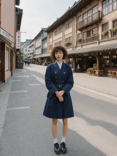 her name is Asako, high quality, 1girl, ((20-year-old fit Caucasian woman)), ((20 years old)), ((slim)), ((Korean Perm)), pose: standing, wearing trendsetting Generation-Z modern wear different colored, BACKGROUND: "In the Old Town Market Place, with its r...