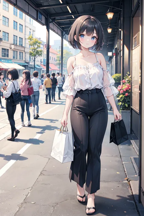 Photorealistic、Highest quality、Highest Resolution、Highest quality、８Ｋ、1人のBeautiful woman、Beautiful woman、Beautiful woman、Bob Cut Hair、Casual Style、Walking around the city、shopping、looks fun