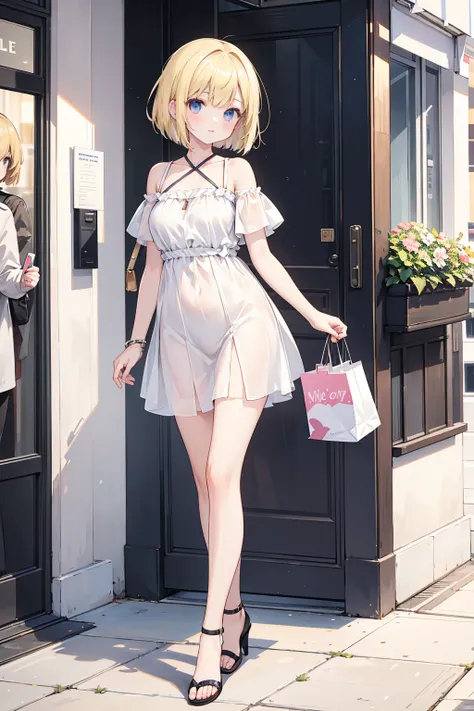 Photorealistic、Highest quality、Highest Resolution、Highest quality、８Ｋ、1人のBeautiful woman、Beautiful woman、Beautiful woman、Bob Cut Hair、Blonde、Casual Style、Walking around the city、shopping、looks fun