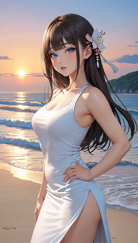 Highest quality, Super quality, 16K, Incredibly absurd, Very detailed, 2.5D, delicate and dynamic, blue sky, Calm sea, Sandy Beach, Sunset, sunset, Enoshima, , Small face, Extremely delicate facial expression, Delicate eye depiction, Extremely detailed hai...