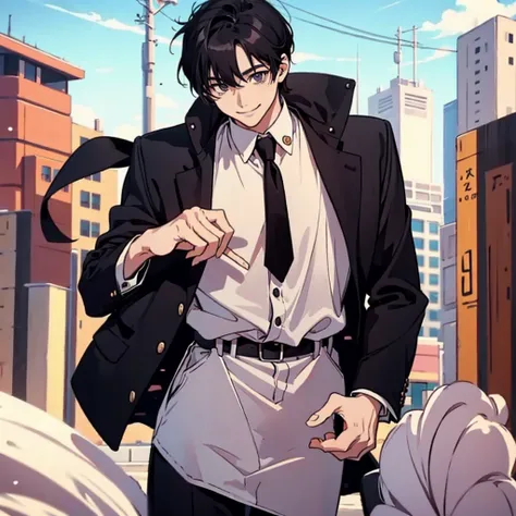 best quality , man , reading , chibi anime man , smile , black hair , suit , solo