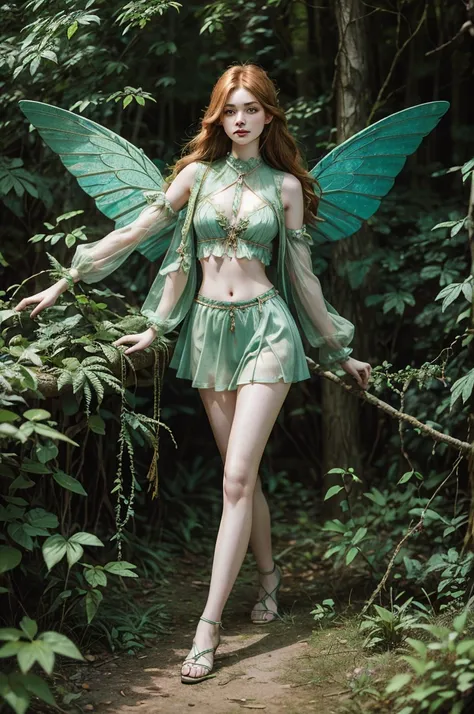 Best Picture Quality, Masterpiece Level, Ultra High Resolution, Realism, Fantasy, fulllength, A Girl, Single, Scatter, wood elf, in forest, midriff, thighs, ginger hair, green eyes, butterfly wings, perfect face, perfect body, wings, perfect breasts, green...