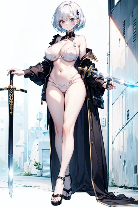 1 female，Attractive anime girl,whole body肖像，whole body，White lingerie，White Thong，Holding a sword，White short hair，Pale skin、Pale skin、Big boobs，较Big ，White sandals，