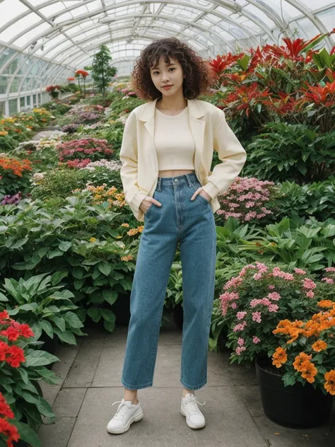 her name is Asako, high quality, 1girl, ((20-year-old fit Caucasian woman)), ((20 years old)), ((slim)), ((Korean Perm)), pose: standing, wearing trendsetting Generation-Z modern wear different colored, BACKGROUND: "Inside the Conservatory of Flowers, amid...