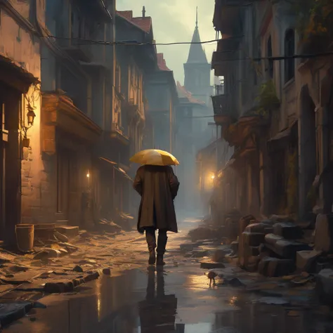 a man looks at the end of the street, triumphant, rainy, old city, feet buried in mud on the road, masterpiece, best quality, (extremely detailed CG unity 8k wallpaper), (best quality), (best illustration), (best shadow), absurdres, realistic lighting, (Ab...