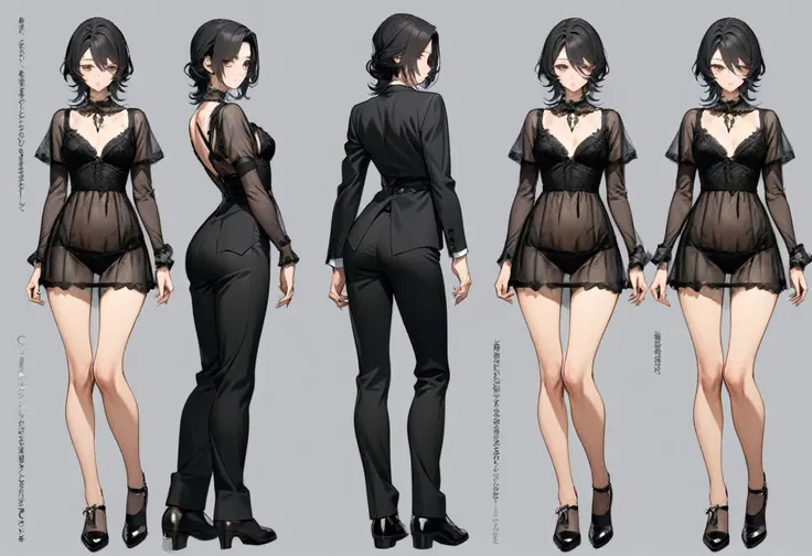 (masterpiece, Highest quality, Highest quality, Official Art, Cosmetology and aesthetics: 1.2), Browsing Caution, Cross-dressing boy with shoulder-length black hair, lingerie,cute, Delicate and short,whole body,Standing boy,three views, Front, back and sid...