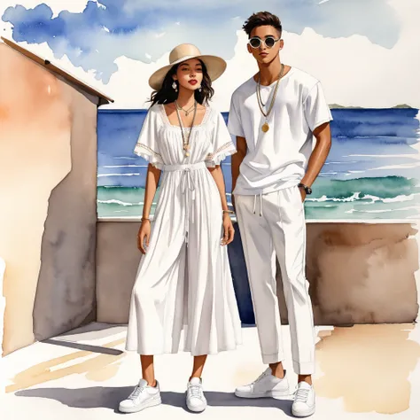 candid fashion illustration of young mixed race man and woman, both aged 20 year old, ((showcase fashion look book in a White rayon outfits)), inspired by BACKSTAGE resort collection 2023 in elegant young chic bohemian style. The man wears an oversized sho...