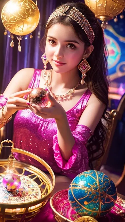 Beautiful gypsy woman tarot card fortune teller、young woman、Looking at me through a shiny crystal ball the size of a basketball、Cute pink outfit、looking at the camera、The background is a fortune-telling parlor