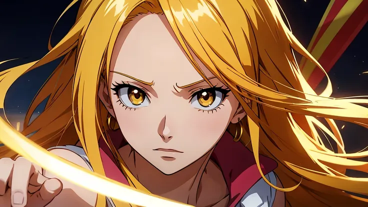 onepiece animation style, beautiful girl, bright gold hair and bright gold eyes