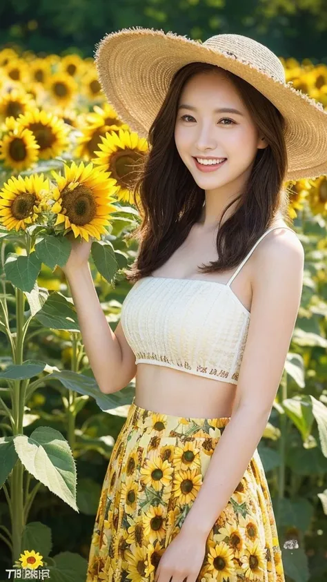 （lifelike， high resolution：1.3）， close up，Sense of story，Realism，Chinese aesthetics，A woman wearing a sunflower skirt，Standing in a field of sunflowers。Sunflowers stand tall，Showing their smiling faces to the sun。Her smile was bright，Full of summer vitalit...