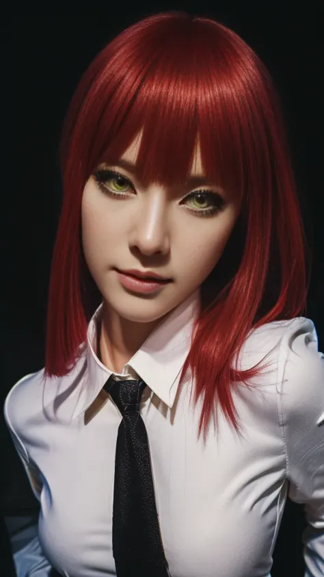 beautiful gorgeous Makima woman staring at the viewer, RAW photo, masterpiece, 8k, yellow ringcle eyes, sharp, red hair, white shirt, (black tie), volumetric lightning, superdetailed, makima (chainsawman), model pose