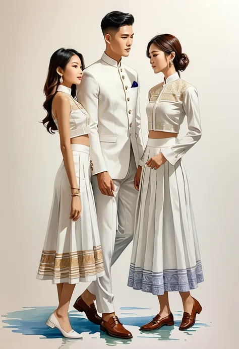 candid fashion illustration of two young man and women, 25-37 year old, adorned in a meticulously crafted north thai traditional...