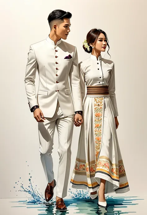 candid fashion illustration of two young man and women, 25-37 year old, adorned in a meticulously crafted north thai traditional...