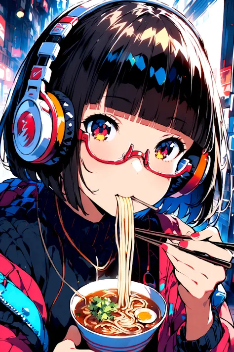 (extremely detailed fine touch:1.3), solo, 1mechanical girl, (((semi-rimless eyewear:1.3))), (headphone:1.2), short hair, blunt bangs, Girl eating noodles with chopsticks, A with a slurping ramen