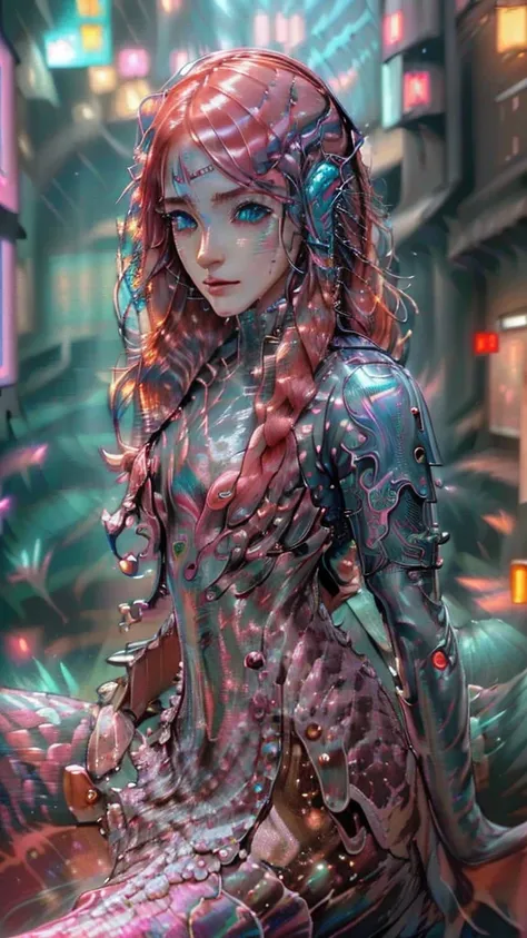 Ultra-Detailed, Masterpiece, Top Quality, High Resolution, Beautiful Eyes, Detailed Eyes, Detailed Face, (Cyberpunk, Neo Tokyo: 1.5), (Cyber Mermaid: 1.5), (17 year old girl, pink hair, wavy hair, scales, sexy: 1.5)