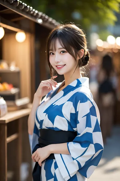 Summer festival stalls , Highest quality, shape, Very detailed, In detail, High resolution, 8k wallpaper, Perfect dynamic composition, Beautiful details,  Natural Lip, Cute yukata, Big Breasts, She is smiling in a cute pose.., A masterpiece of the whole bo...