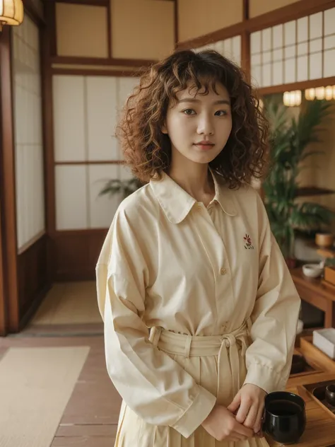 her name is Asako, high quality, 1girl, ((20-year-old fit Caucasian woman)), ((20 years old)), ((slim)), ((Korean Perm)), pose: standing, wearing trendsetting Generation-Z modern wear different colored, BACKGROUND: "Inside a traditional teahouse, experienc...