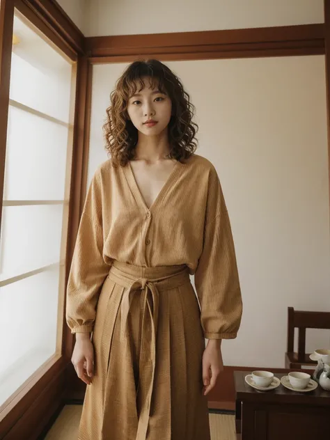 her name is Asako, high quality, 1girl, ((20-year-old fit Caucasian woman)), ((20 years old)), ((slim)), ((Korean Perm)), pose: standing, wearing trendsetting Generation-Z modern wear different colored, BACKGROUND: "Inside a traditional teahouse, experienc...