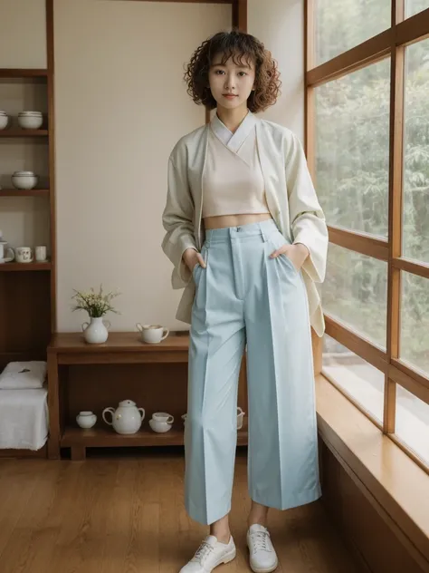 her name is Asako, high quality, 1girl, ((20-year-old fit Caucasian woman)), ((20 years old)), ((slim)), ((Korean Perm)), pose: standing, wearing trendsetting Generation-Z modern wear different colored, BACKGROUND: "Inside a traditional teahouse, experienc...