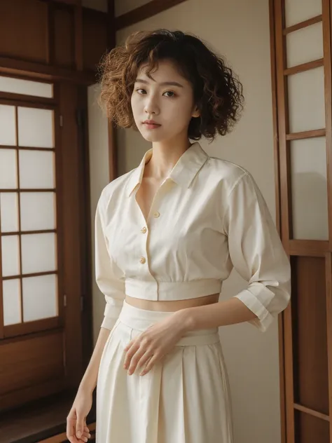 her name is Asako, high quality, 1girl, ((20-year-old fit Caucasian woman)), ((20 years old)), ((slim)), ((Korean Perm)), pose: standing, wearing trendsetting Generation-Z modern wear different colored, BACKGROUND: "Inside a traditional teahouse, experienc...