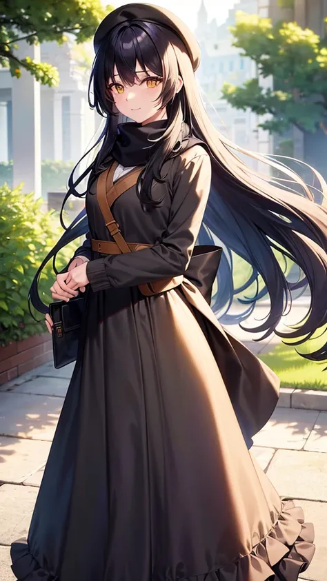 black beret, Long green hair, yellow eyes, long hair, hair parted to the right, hair clip, flower in hair, smile, calm, long skirt, maxi skirt, frills, pink blouse, cross body bag, garden, hand on chests, sunlight, scarf, ultra-detailed, absurdres, unreal ...