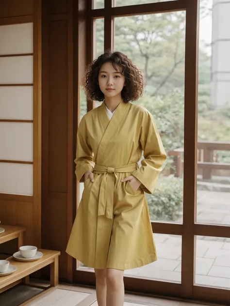 her name is Asako, high quality, 1girl, ((20-year-old fit Caucasian woman)), ((20 years old)), ((slim)), ((Korean Perm)), pose: standing, wearing trendsetting Generation-Z modern wear different colored, BACKGROUND: "Inside a traditional teahouse, experienc...