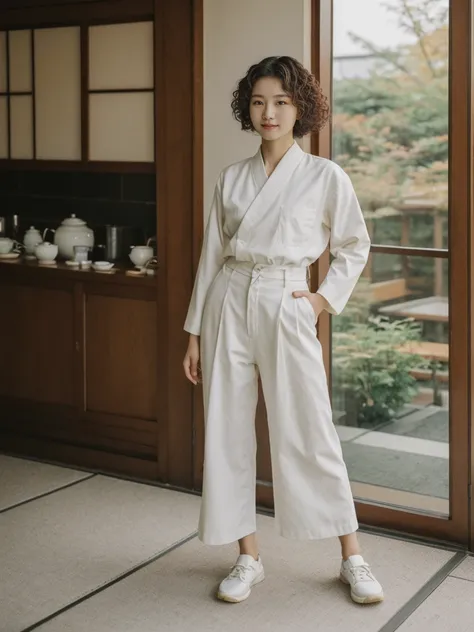 her name is Asako, high quality, 1girl, ((20-year-old fit Caucasian woman)), ((20 years old)), ((slim)), ((Korean Perm)), pose: standing, wearing trendsetting Generation-Z modern wear different colored, BACKGROUND: "Inside a traditional teahouse, experienc...