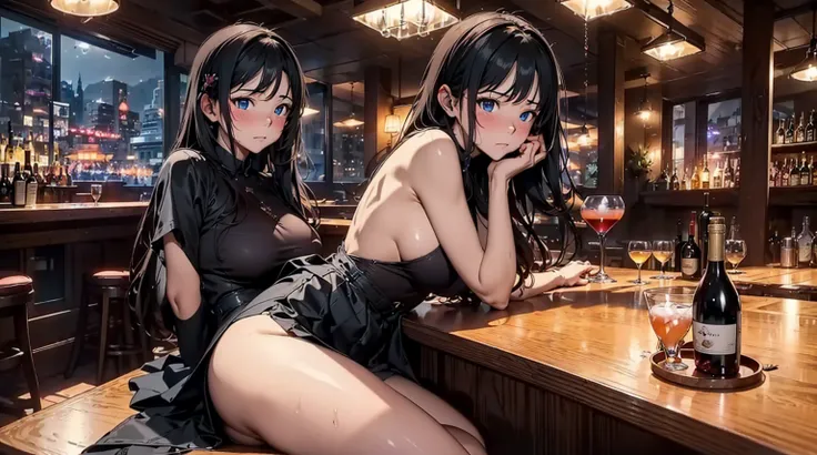 best quality, 4K, high resolution, masterpiece:1.2, Extremely detailed），Sad expression looking at the camera，Large Breasts,30 years old girl,独奏,black hair,long hair,blue eyes,(drunk,blush),sitting,drinking,((Mature sexy body))，Black stockings，Black tight s...