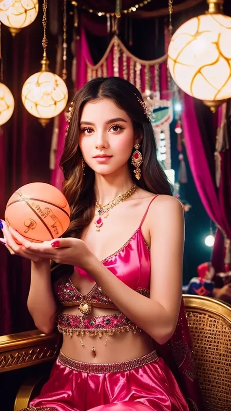 Beautiful gypsy woman tarot card fortune teller、young woman、Holding a glowing crystal ball the size of a basketball in both hands、Cute pink outfit、looking at the camera、The background is a fortune-telling parlor