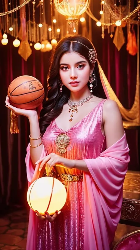 Beautiful gypsy woman tarot card fortune teller、young woman、Holding a glowing crystal ball the size of a basketball in both hands、Cute pink outfit、looking at the camera、The background is a fortune-telling parlor