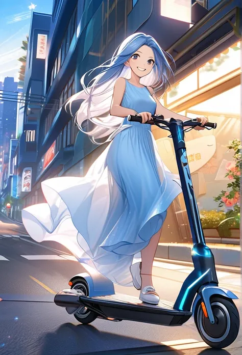 ((glittering night)),((view from directly hill top)),((a lady with sheltered life:1.3)),(long hair fluttering in the wind),(ride on electric scooter:1.3),((summer light blue one-piece dress )),(Japanese modern building street),(((fairly cheerful smile)),((...