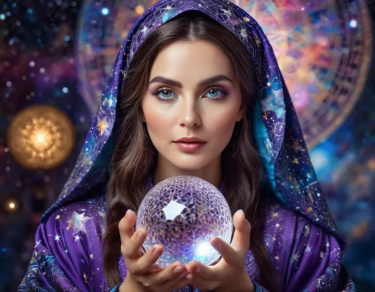 a beautiful female astrologer, detailed face and eyes, intricate star-patterned robe, holding a crystal ball, cosmic background,...