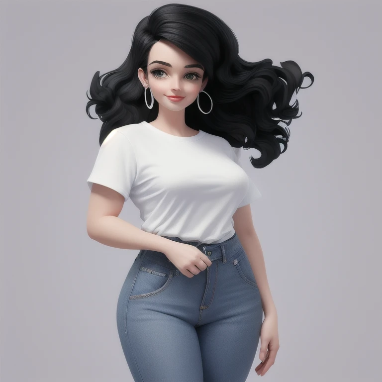 Beautiful woman , posing gracefully for a photo, white  shirt, Attractive  woman, voluptuous body, inverted triangle body style, Waist slender, jeans, cartoon-like, charming woman, black hair, white image background
