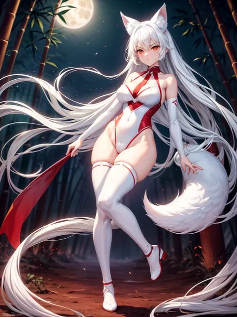 Highest quality,Highest Resolution,Beautiful girl with angry face in white fox leotard,High leg,Very red eyes,Bamboo grove,full moon,Night Sky,fog,((White fox thick tail,White fox ears)),Standing posture,whole body,Red piping line,