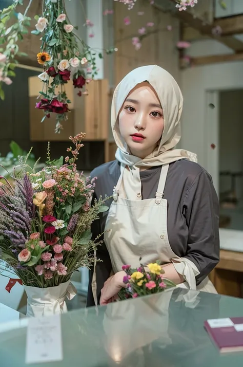 (Best quality, 8k, 32k, Masterpiece, UHD:1.2),Photo of Pretty Japanese hijab woman, large breasts, oversize crew shirt. flower shop