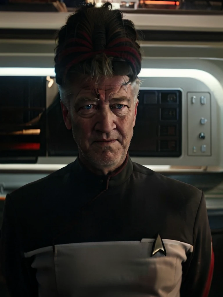 David lynch in red sttldunf uniform,on starship bridge, bright lighting, neutral expression