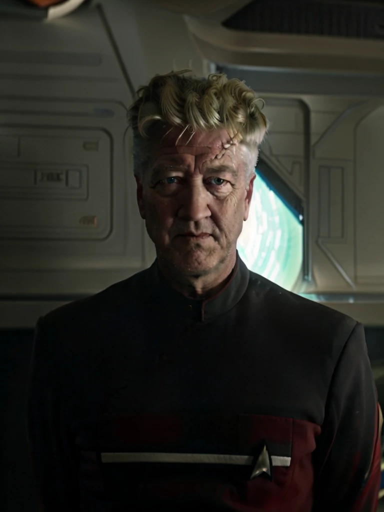 David lynch in red sttldunf uniform,on starship bridge, bright lighting, neutral expression