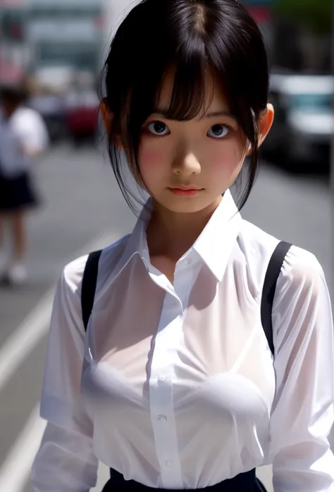 8k,RAW photo,ultra high res,realistic photo,extremely detailed CG unity 8k wallpaper1 cute girl,japanese girl,black hair,in summer,Bustling city,(sweating:1.1),sweat,disgust,(confused:1.2),in a sheer see through wet white shirt,huge breasts,The pattern of ...